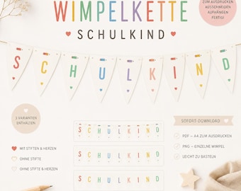 Wimpelkette Einschulung Schulkind 2026 Schulanfang Deko 9 Wimpel zum Ausdrucken | PDF A4 & PNG | Printable | Sofortdownload