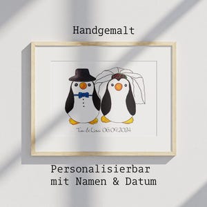 Aquarel schilderij pinguïn bruid en bruidegom handgeschilderde kunstprint A5 huwelijkscadeau aanpasbare wanddecoratie echtpaar dieren 13 x 18 cm