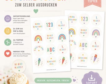 Cupcake Topper Einschulung zum Ausdrucken – 24 Muffin Topper für Schulkind 2026, 1. Klasse, Regenbogen, ABC & 123, PDF PNG Sofortdownload