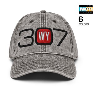 Embroidered, Wyoming Area Code 307 with WY in Center Red Design. Vintage Cotton Twill Cap