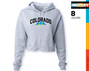 Show Your State Pride with this 'Colorado' Blue & Green Mountain Graphic, Womens Cropped Hooded Sweatshirt.