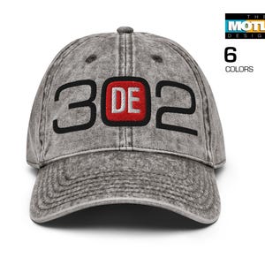 Embroidered Delaware Area Code 302 Hats with DE Center Design. Vintage Cotton Twill Cap