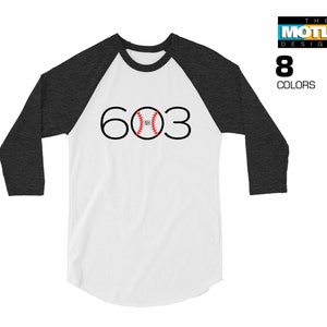 May include: A white and black baseball raglan t-shirt with the number 603 and a baseball graphic.
