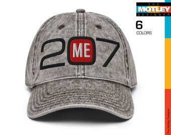 Embroidered, Maine Area Code 207 with ME in Center Red Design. Vintage Cotton Twill Cap