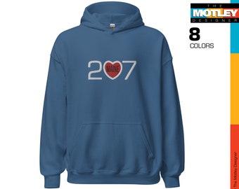 Embroidered, Maine&#39;s Area Code 207 with Center Red Heart Design. Unisex Hoodie