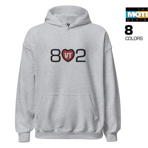 Embroidered, Vermont Area Code 802 with VT in Center, Red Heart Graphic. Unisex Hoodie