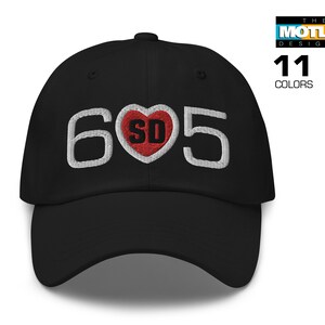 May include: Black baseball cap with white embroidered text "605" and a red heart with "SD" inside.
