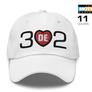 Embroidered Delaware Area Code 302 with Red DE in Center Heart Design. Dad Hat