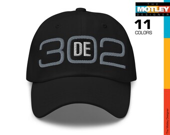 Embroidered, Delawares Area Code 302 with DE Initials in Center Design. Dad Hat