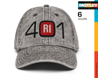 Embroidered, Rhode Island Area Code 401 with RI in Center Red Design. Vintage Cotton Twill Cap