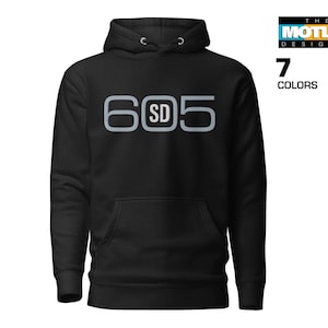 May include: Black hooded sweatshirt with a gray 605 SD graphic on the front.