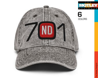 Embroidered, North Dakota Area Code 701 with ND in Center Red Design. Vintage Cotton Twill Cap