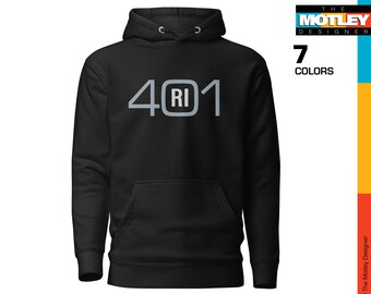Embroidered, Rhode Island Area Code 401 with RI in Center Design. Premium Unisex Hoodie