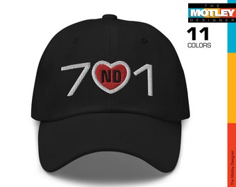 Embroidered North Dakota Area Code 701 with ND in Red Heart Graphic. Dad Hat