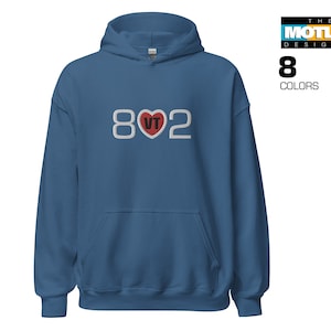 Embroidered, Vermont Area Code 802 with VT in Center, Red Heart Graphic. Unisex Hoodie