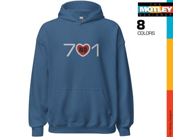 Embroidered North Dakota Area Code 701 with ND in Center, Red Heart Graphic. Unisex Hoodie