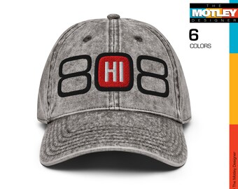 Embroidered, Hawaii Area Code 808 with HI in Center Red Design. Vintage Cotton Twill Cap