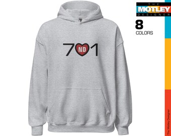 Embroidered, North Dakota Area Code 701 with ND in Center, Red Heart Graphic. Unisex Hoodie