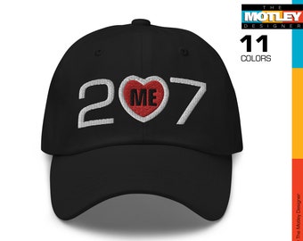 Embroidered Maine Area Code 207 with ME in Center, Red Heart Design. Dad Hat
