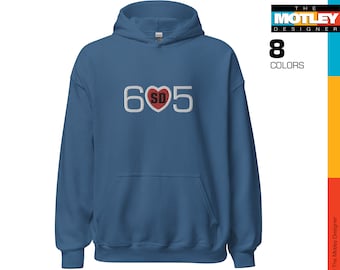 Embroidered, South Dakota, Area Code 605 with  SD in Center Red Heart Graphic. Unisex Hoodie