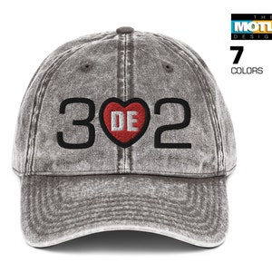 Embroidered, Delaware Area Code 302 with DE in Center Red Heart design. Vintage Cotton Twill Cap