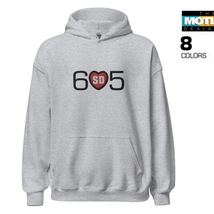 May include: A gray hooded sweatshirt with a black 605 design featuring a red heart with the letters SD inside.