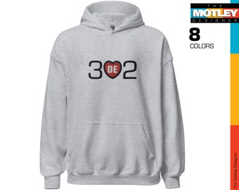 Embroidered, Delaware Area Code 302 with DE in Center Red Heart Design. Unisex HoodieUnisex Hoodie