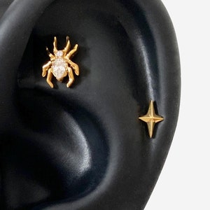 16G Titanium 3D Spike Sparkle Cartilage Flat Back stud, Nose stud, Internally Threaded conch earring, Cartilage stud, Helix earring, Tragus