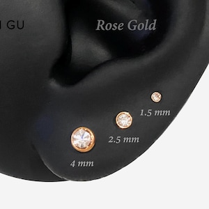 16G 1.5-4mm Rose Gold Clear Round Internally Threaded Nose stud, Conch earring, Cartilage flat back, Helix stud, Tragus stud, Minimalist