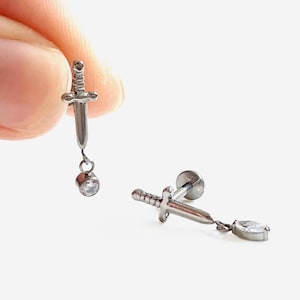 16G Titanium Dagger Dangle Stud, Sword Cartilage Flat Back Labret, Internally Threaded conch earring, Cartilage, Helix stud, Tragus stud