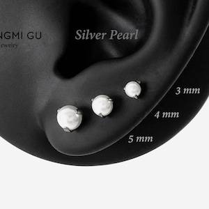 16G Titanium Silver pearl Internally Threaded Flat Back stud, White Pearl Conch earring, Cartilage, Helix Tragus stud, Nose stud, Piercing