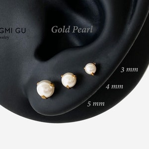 16G Titanium Gold pearl Internally Threaded Flat Back stud, White Pearl Conch earring, Cartilage, Helix Tragus stud, Nose stud, Piercing
