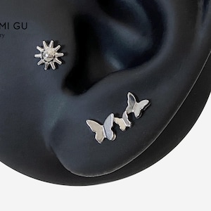 16G Titanium Trio Butterfly Flat stud, Nose stud, Internally Threaded conch earring, Cartilage piercing, Helix earring, Tragus, Piercing