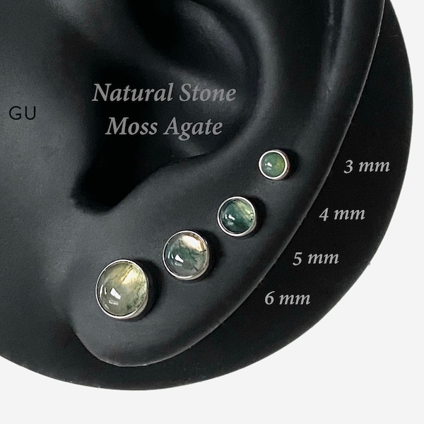 16G Natural Gemstone Titanium Moss Agate stone Internally Threaded Flat Back stud, Conch earring, Cartilage, Helix Tragus stud, Nose stud