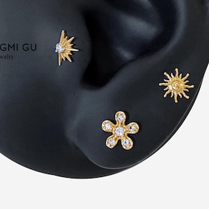 16G Flower Cartilage Flat Back stud, Nose stud, Internally Threaded conch earring, Cartilage flat back stud, Helix earring, Tragus stud