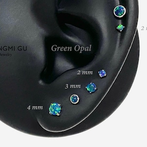 18G/16G Green Opal Threadless Push Pin Silver Round Flat back stud, Conch earring, Nose stud, Cartilage, Helix, Tragus stud, Labret earring