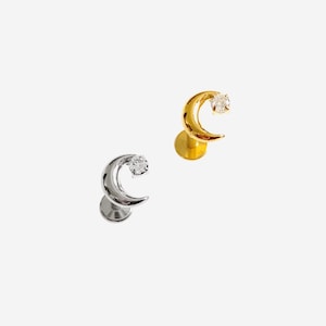 16G Titanium Small Moon Flat Back stud, Nose stud, Internally Threaded conch earring, Cartilage piercing, Helix earring, Tragus, Piercing