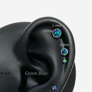 16G Green Blue Opal 3-5mm Internally Threaded Flat Back stud, Conch earring, Cartilage flat back, Helix Tragus stud, Nose stud, Minimalist