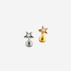16G Titanium Star Cristal Cartilage Flat Back stud, Nose stud, Internally Threaded conch earring, Cartilage flat stud, Helix earring, Tragus
