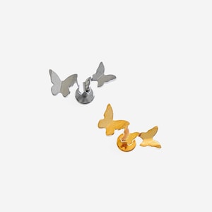 16G Titanium Trio Butterfly Flat stud, Nose stud, Internally Threaded conch earring, Cartilage piercing, Helix earring, Tragus, Piercing