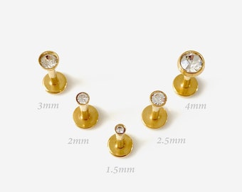 16G 1.5-4mm Gold Round Internally Threaded Flat back stud, Conch earring, Nose stud, Cartilage earring, Helix, Tragus stud, Labret earring
