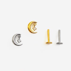 16G Titanium Moon Dangle Flat Back stud, Nose stud, Internally Threaded conch earring, Cartilage piercing, Helix earring, Tragus, Piercing