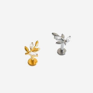 16G Titanium Leaf Cubic Zirconia Internally Threaded Flat Back stud, Conch earring, Cartilage flat back, Helix stud, Tragus stud, Minimalist