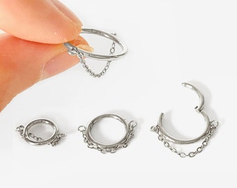 16G 8mm-12mm Chain Drop Silver Clicker hoop, Nose ring, Silver ring, Conch clicker, Helix earring, Cartilage Hinged Hoop, Nose clicker