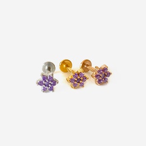 16G Purple Flower Cartilage Flat Back stud, Nose stud, Internally Threaded conch earring, Cartilage flat stud, Helix earring, Tragus stud