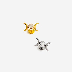16G Titanium Double Moon Flat Back stud, Nose stud, Internally Threaded conch earring, Cartilage piercing, Helix earring, Tragus, Piercing
