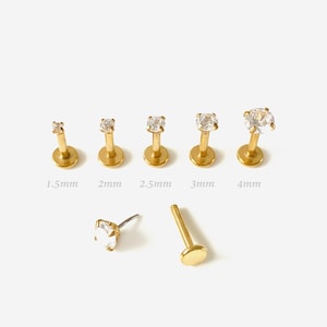 18G/16G 1.5-4mm Threadless Push Pin Gold Round Flat back stud, Conch earring, Nose stud, Cartilage, Helix, Tragus stud, Labret earring