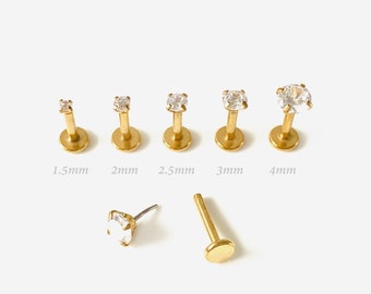 18G/16G 1.5-4mm Threadless Push Pin Gold Round Flat back stud, Conch earring, Nose stud, Cartilage, Helix, Tragus stud, Labret earring