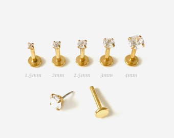 18G/16G 1.5-4mm Threadless Push Pin Gold Round Flat back stud, Conch earring, Nose stud, Cartilage, Helix, Tragus stud, Labret earring