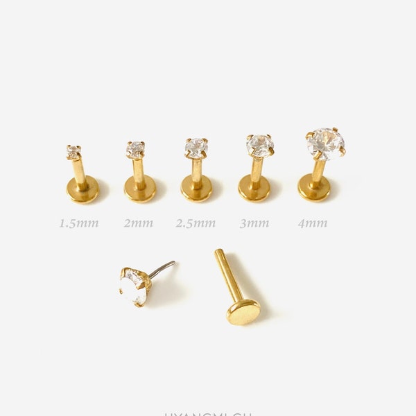 18G/16G 1.5-4mm Threadless Push Pin Gold Round Flat back stud, Conch earring, Nose stud, Cartilage, Helix, Tragus stud, Labret earring